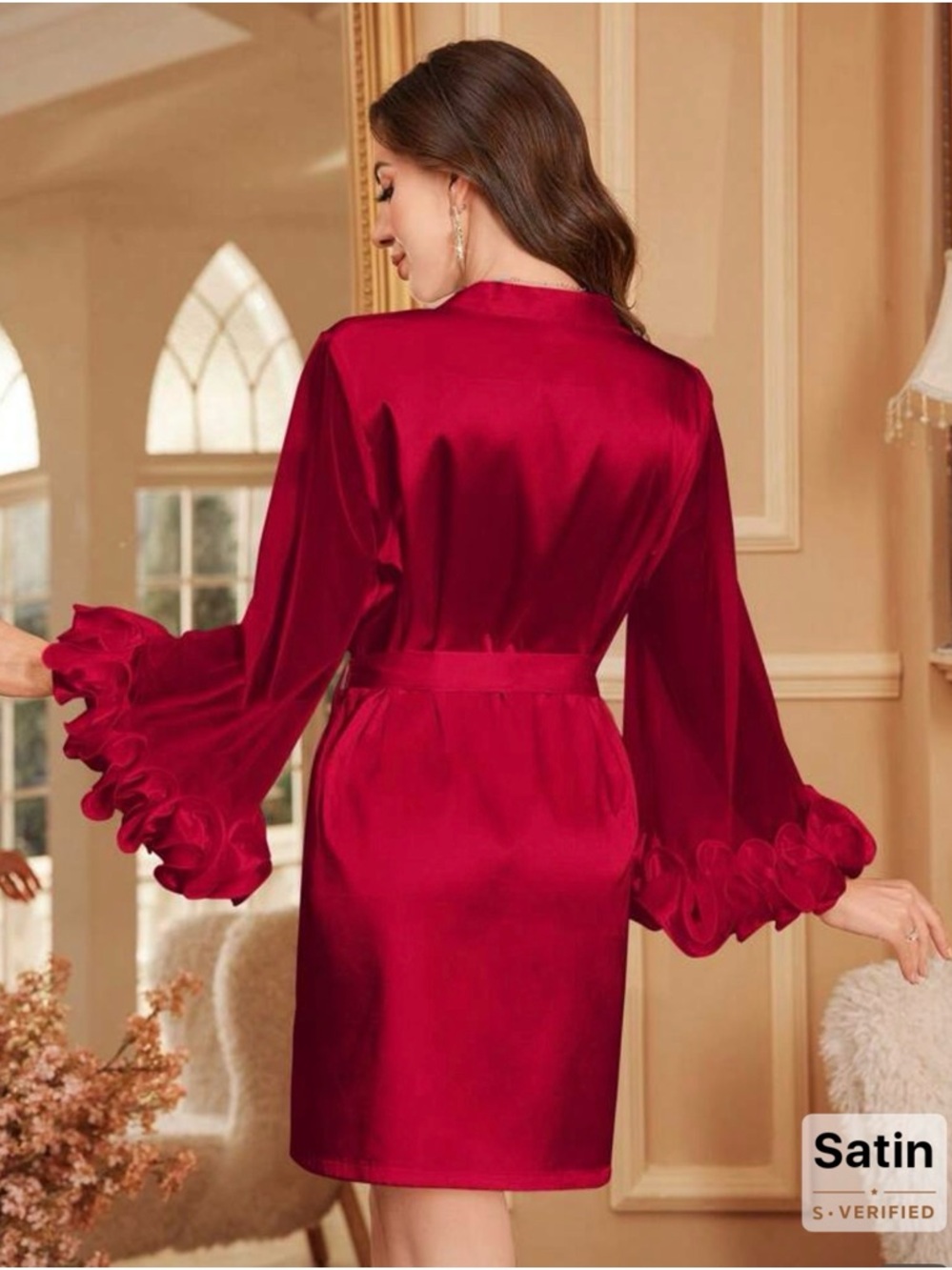 NWT Satin Red Ruffle-Sleeve Wrap Robe - Picture 2 of 3